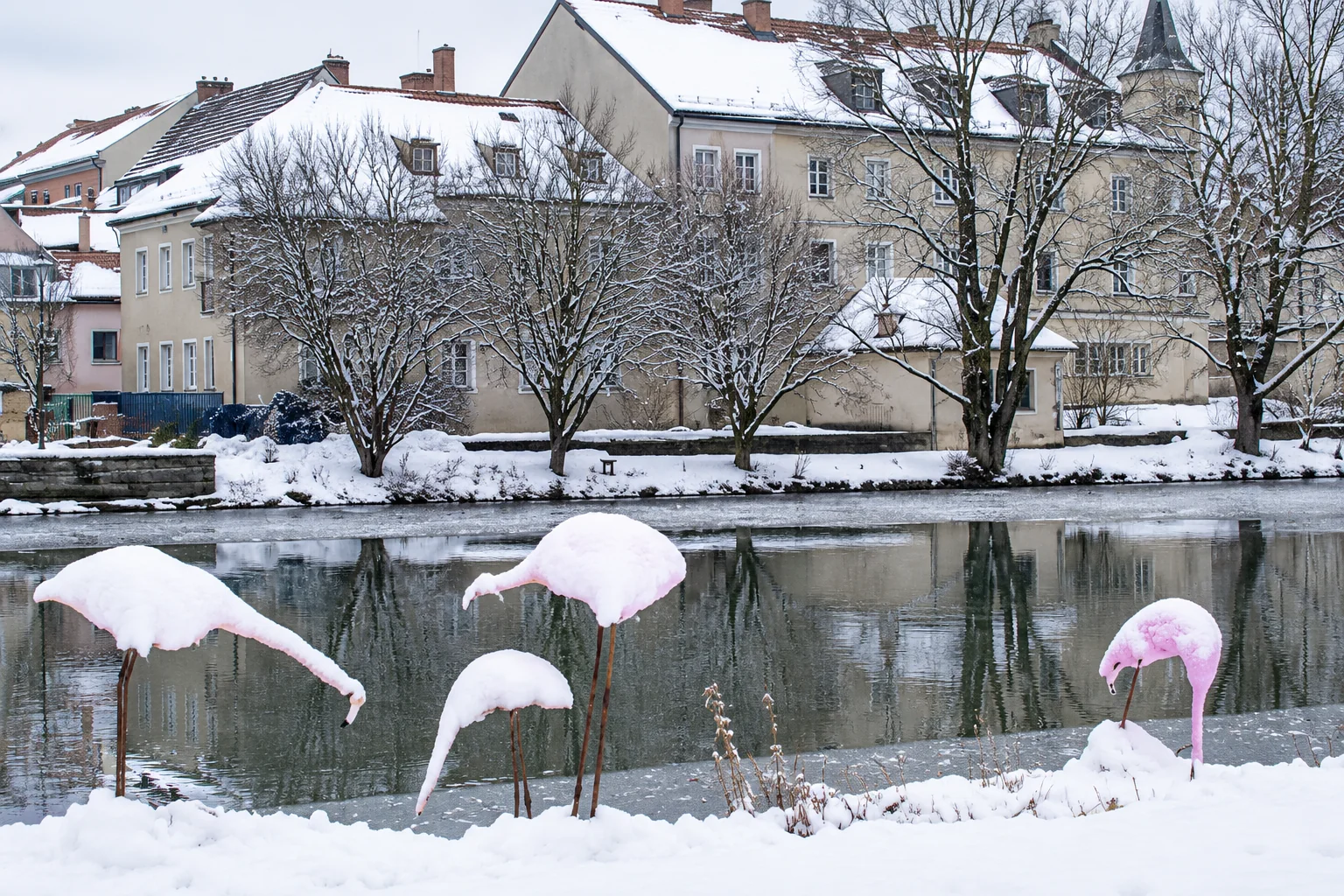 naturkunst-rosa-flamingos-im-schnee